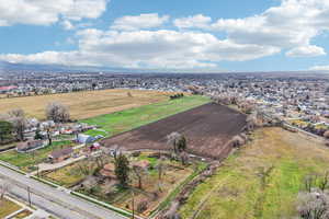 Overview of rural landscape featuring nearby suburban area and rows of crops