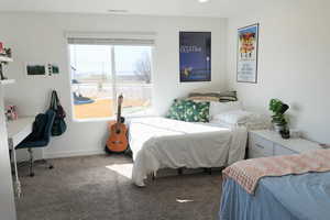 Primary Bedroom with carpet and a desk