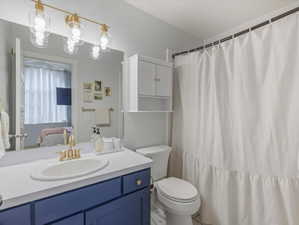 Ensuite bathroom featuring vanity and a shower with shower curtain