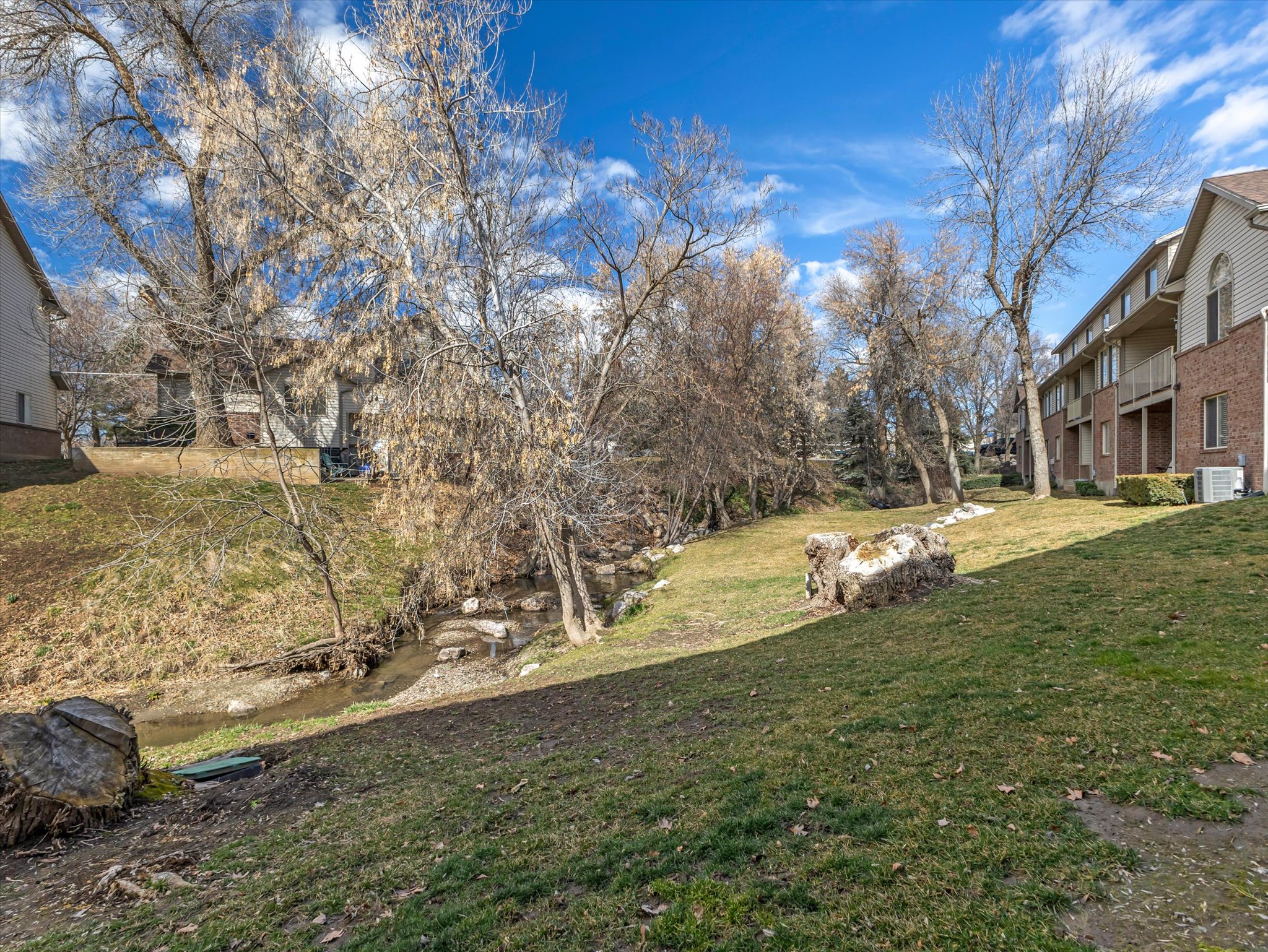 View of grassy yard creekside
