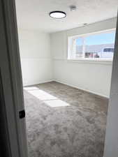 Spare room with carpet flooring, a textured ceiling, and a smoke detector