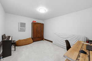 Office space featuring light colored carpet and a textured ceiling