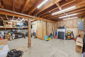 Unfinished basement with electric panel