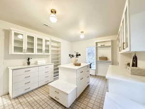 Master closet with glass fronted cabinets, white cabinetry, a center island, light flooring, and light stone countertops