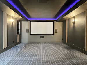 Carpeted home theater with a raised ceiling and a textured ceiling