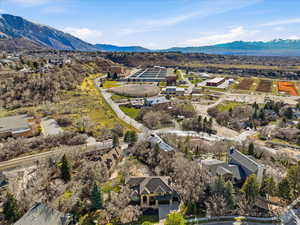 Aerial perspective of suburban area featuring a mountainous background