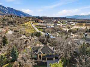 Aerial view of residential area with mountains