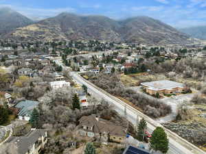Aerial perspective of suburban area featuring mountains