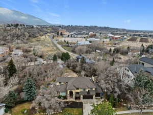 Aerial perspective of suburban area with mountains