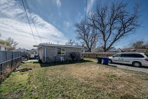 Rear view of house with a fenced backyard