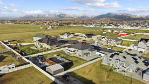 Aerial view of residential area with a mountain backdrop