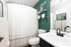 Full bathroom featuring vanity and a shower with curtain