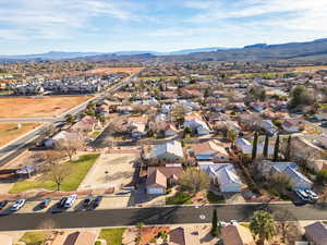 Aerial perspective of suburban area with mountains