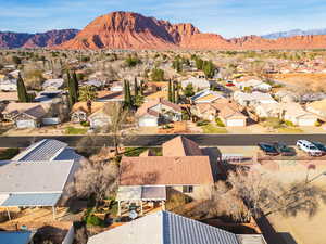 Aerial perspective of suburban area with mountains