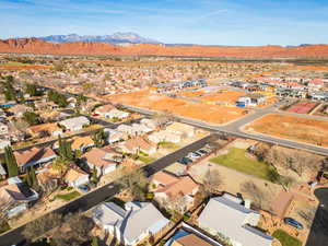 Aerial view of residential area with mountains