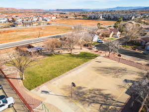 Aerial perspective of suburban area with mountains