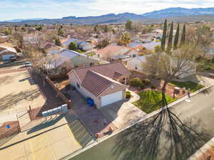 Aerial view of residential area with mountains