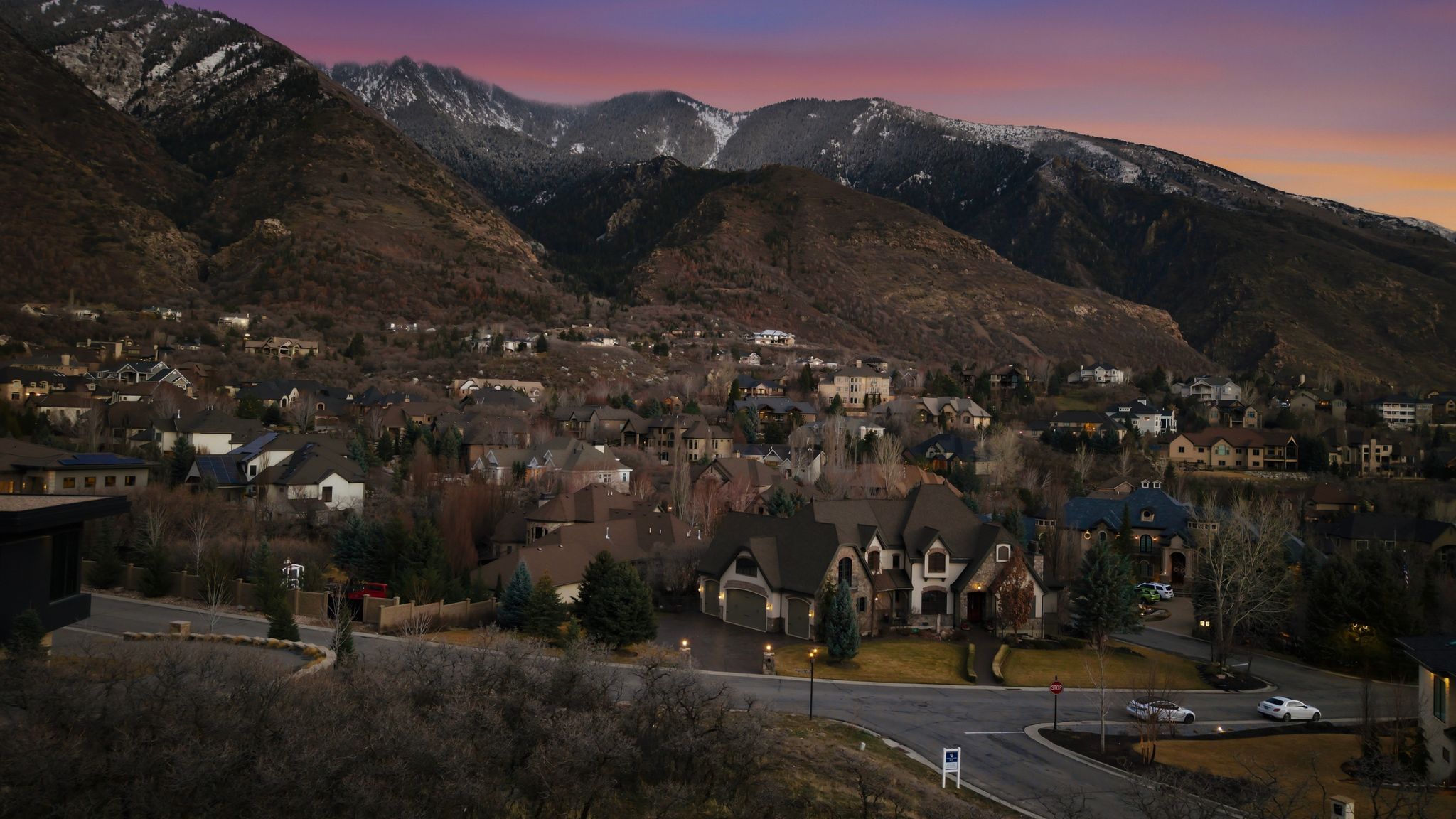 Twilight Mountain view with nearby suburban area