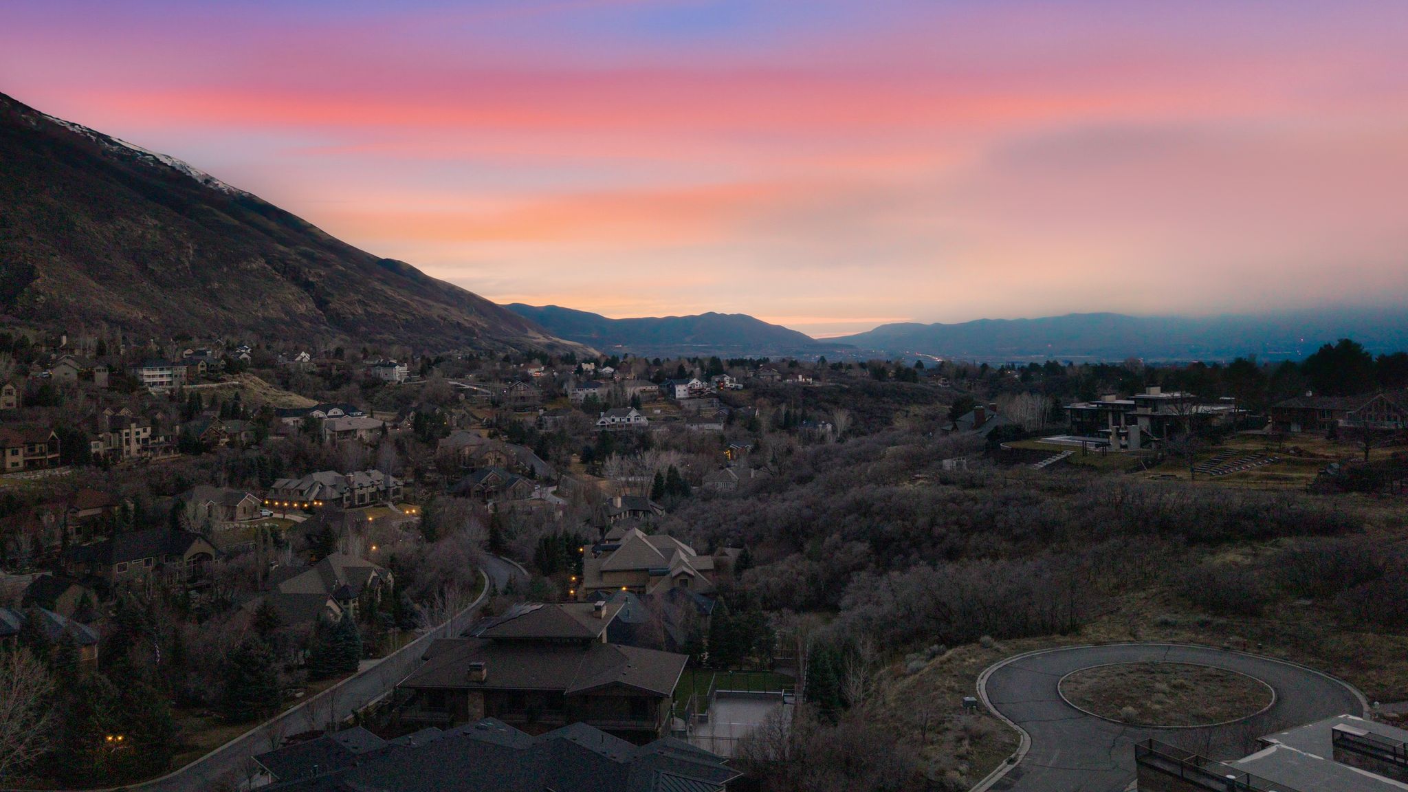 Twilight Mountain view with nearby suburban area