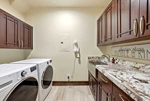 Laundry area featuring cabinet space, electric panel, and separate washer and dryer