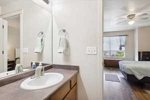 Ensuite bathroom featuring vanity, dark wood-style flooring, and a ceiling fan