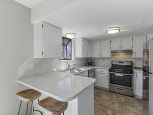 Kitchen featuring a kitchen bar, stainless steel appliances, a peninsula, and white cabinets
