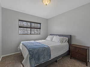 Bedroom featuring carpet floors and baseboards