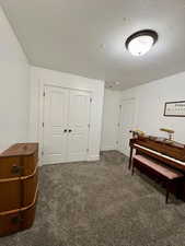 Bedroom featuring dark colored carpet and a closet