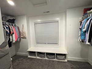 Walk in closet with dark carpet and attic access