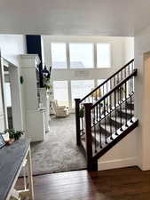 Stairs with healthy amount of natural light, hardwood / wood-style floors, and a high ceiling