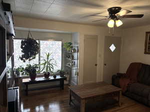 Living room with dark wood-style flooring and a ceiling fan