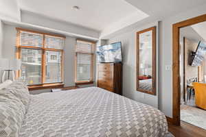 Bedroom with dark wood-style flooring and a tray ceiling
