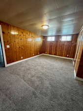 Unfurnished room featuring carpet floors and wood walls