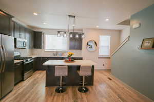 Kitchen with stainless steel appliances, a kitchen breakfast bar, decorative backsplash, and light wood-type flooring
