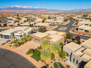 Aerial perspective of suburban area featuring mountains