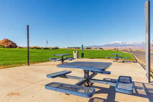 View of patio featuring a mountain view