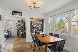 Dining room featuring light wood finished floors and hanging lights