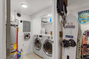 Laundry room featuring electric panel, washer and dryer, and secured water heater