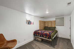 Bedroom with a textured ceiling and carpet flooring