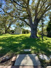 View of grassy yard featuring a storage shed