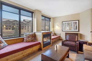 Carpeted living room with a glass covered fireplace and plenty of natural light