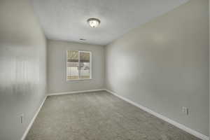 Unfurnished room with light colored carpet and a textured ceiling