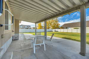 Fenced backyard featuring a patio and outdoor dining space