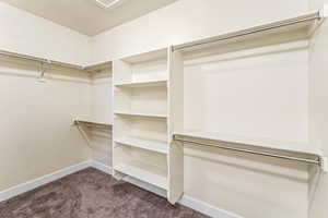 Walk in closet featuring dark carpet