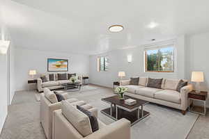 Living room with light carpet