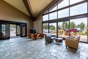 Community lobby with lofted ceiling