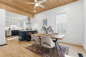 Dining room with light wood finished floors, ceiling fan, wooden ceiling, recessed lighting, and wood walls