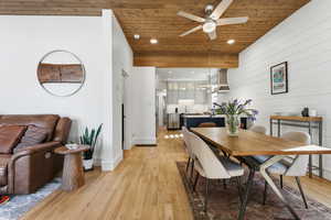 Dining space featuring light wood-style flooring, wooden ceiling, recessed lighting, a ceiling fan, and wood walls