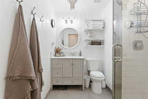Full bath featuring vanity and a shower stall