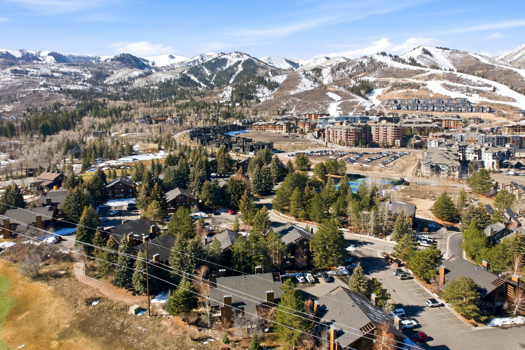 Aerial view of residential area with mountains